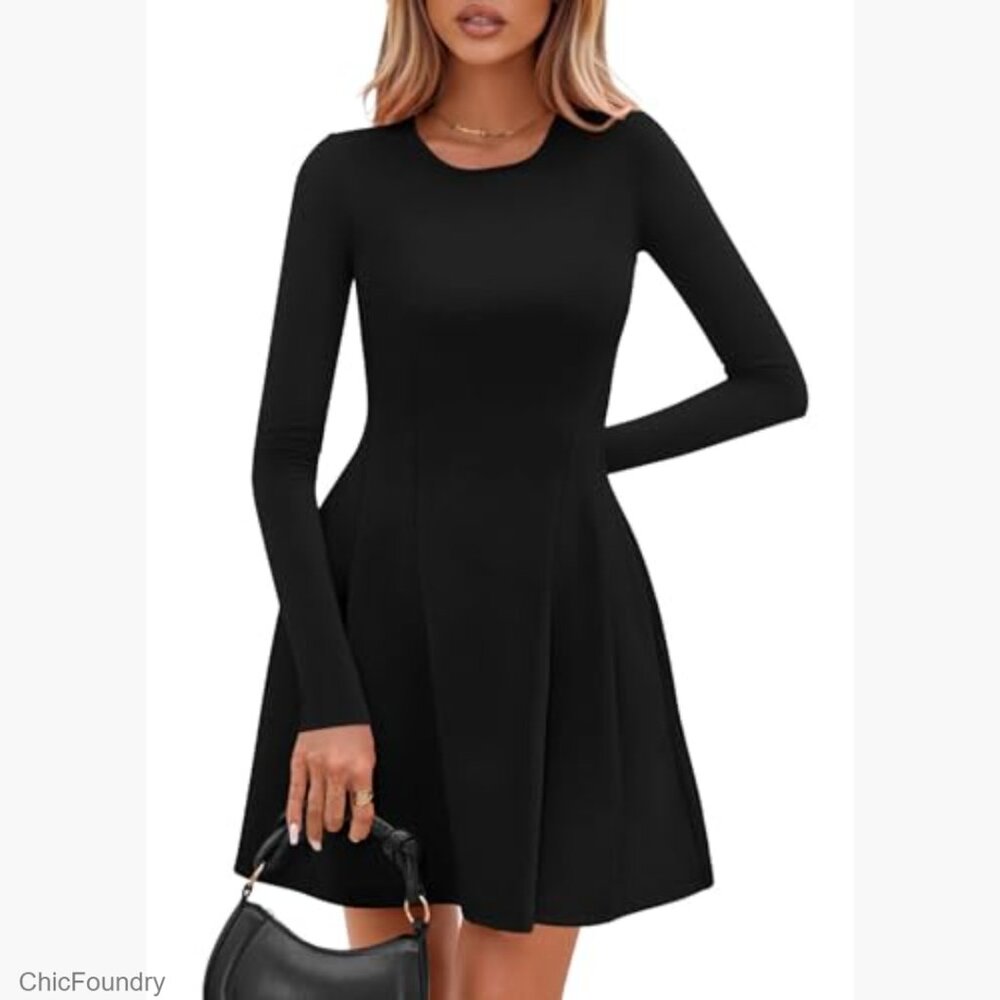 Long Sleeve Mini Knit Dress A-Line Babydoll Pleated Party Casual - Picture 6 of 7